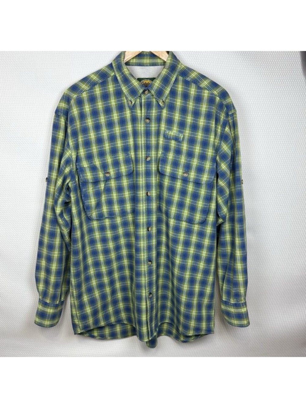 Cabela's Men's Vented Long Sleeve Fishing Hiking Blue Green Plaid Shirt Medium